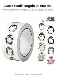 500Pcs Cute Kawaii Penguin Sticker Roll Whimsical Arctic Decals |9 Unique Designs Doodle Scrapbooking Gift Packaging Supply