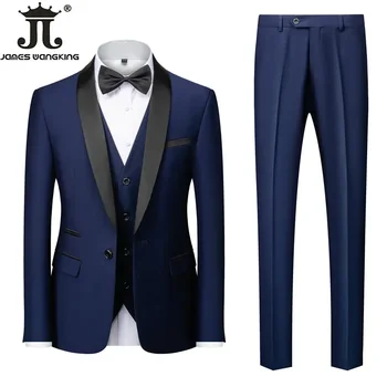 M-6XL Jacket Vest Pants Solid Color Men's Formal Business Office Suit Groom Wedding Dress Party Blazer Waistcoat Trousers Tuxedo 2