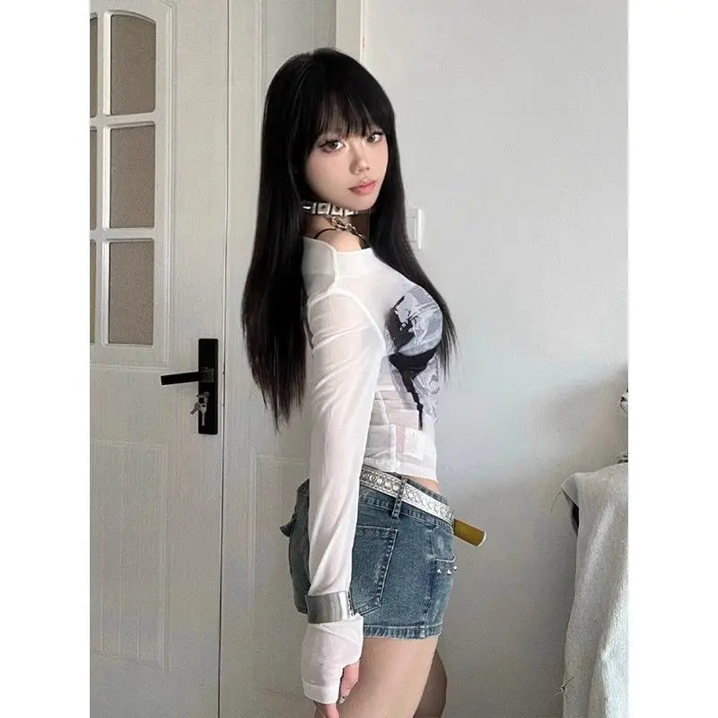 One Shoulder Long Sleeved Female Spring New Models Printing Thin Mesh Self Cultivation Appear Thin Sweet and Spicy Girl Tops