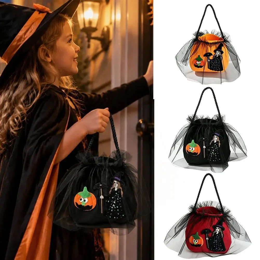 Halloween Princess Candy Bag Witch Pumpkin Embroidered Mesh Tote Drawstring Treat Holder Party Costume Accessory