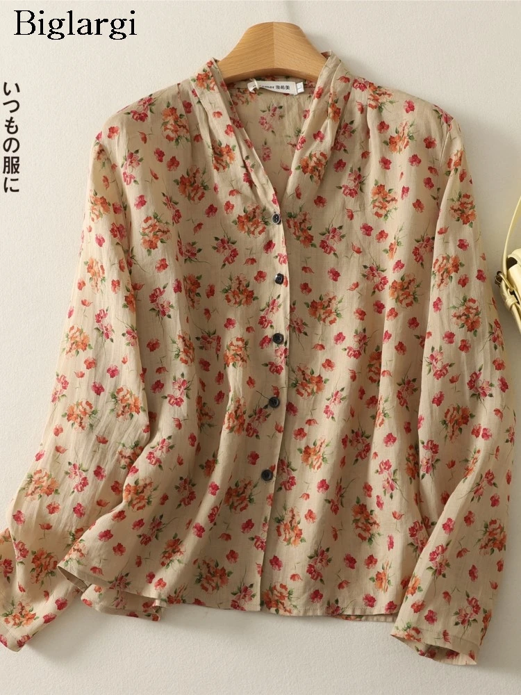 

Oversized Spring Summer V-Neck Shirts Women Flower Floral Print Fashion Long Sleeve Ladies Blouses Casual Loose Woman Shirt