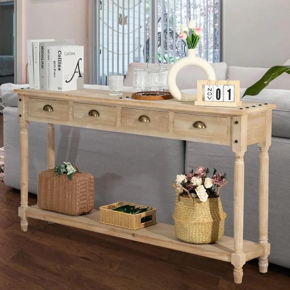 Farmhouse Console Table with 4 Drawers, 60" Long Narrow Boho Sofa Foyer Table with Large Storage Space, Solid Wood Frame