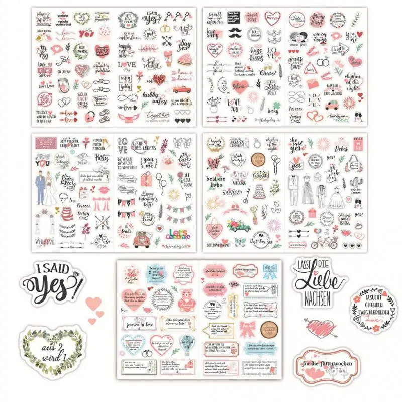 266pcs/5 Sheets Glittering Wedding Stickers Scrapbooking for Photo Album Planner Engagement, Bridal Shower, Marriage Anniversary