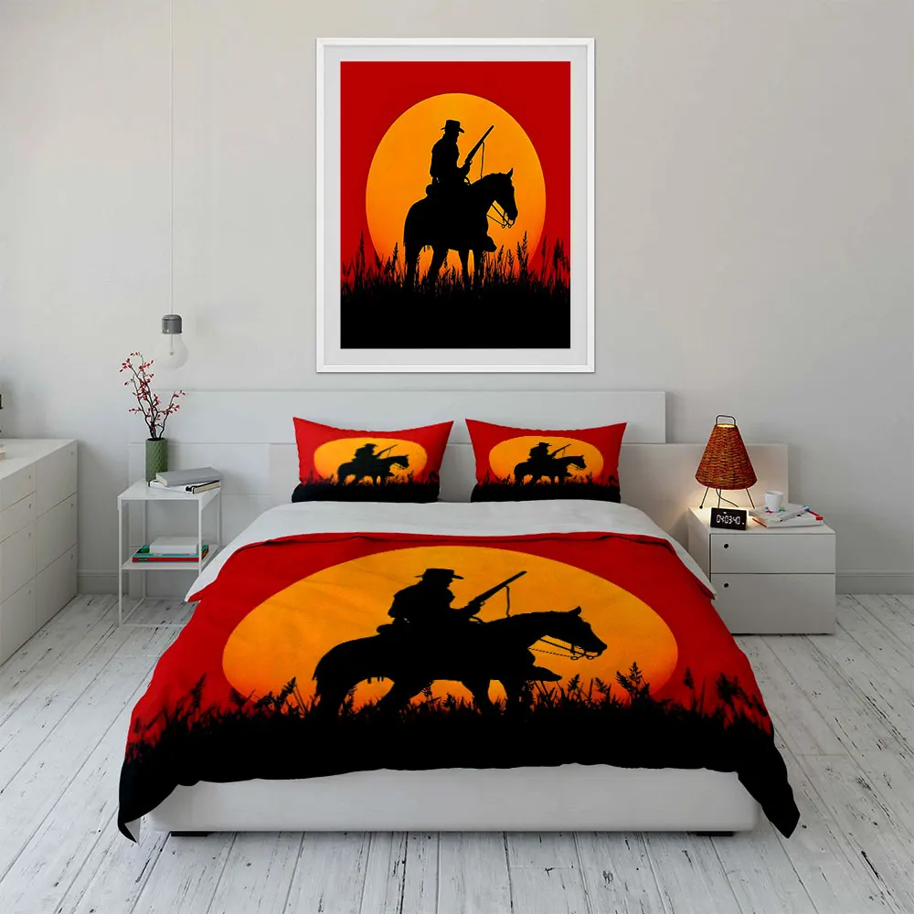 Sunset on the prairie cowboy silhouette Print Soft Comfortable Duvet Cover Bedding Set Included 1*Duvet Cover  2*Pillowcases