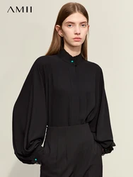 Amii minimalismo 2024 primavera donna camicetta nuova seta colletto alla coreana spalla lanterna manica camicie in Chiffon femminile top larghi 12421084