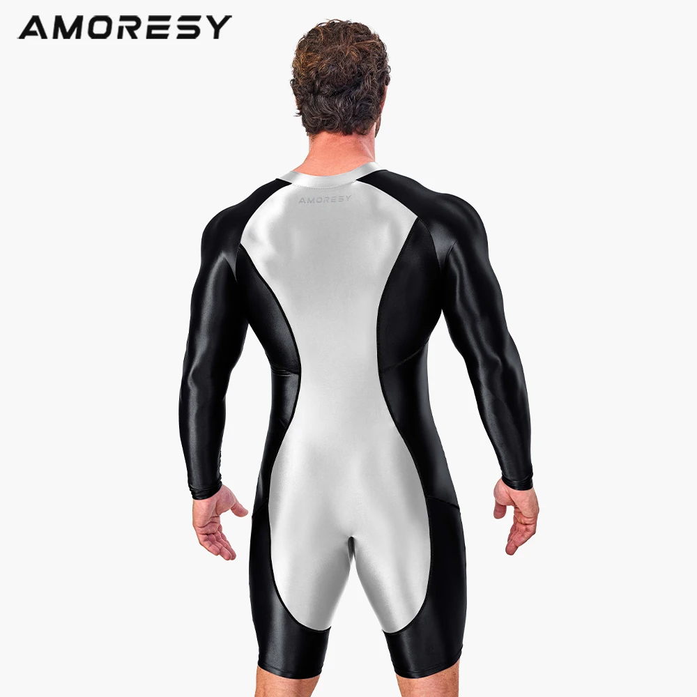 AMORESY Men Tracksuits Sets Tops Leggings Shiny Glossy Sports Fitness Running Front Zipper Overall Catsuit All-purpose Jumpsuits