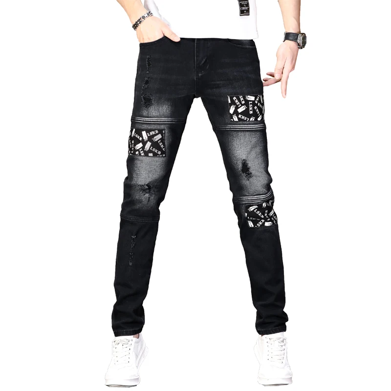High-End Stitching Black Jeans Men's American High Street Ripped Stitching Printed Patch Slim Stretch Pencil Pants Trousers