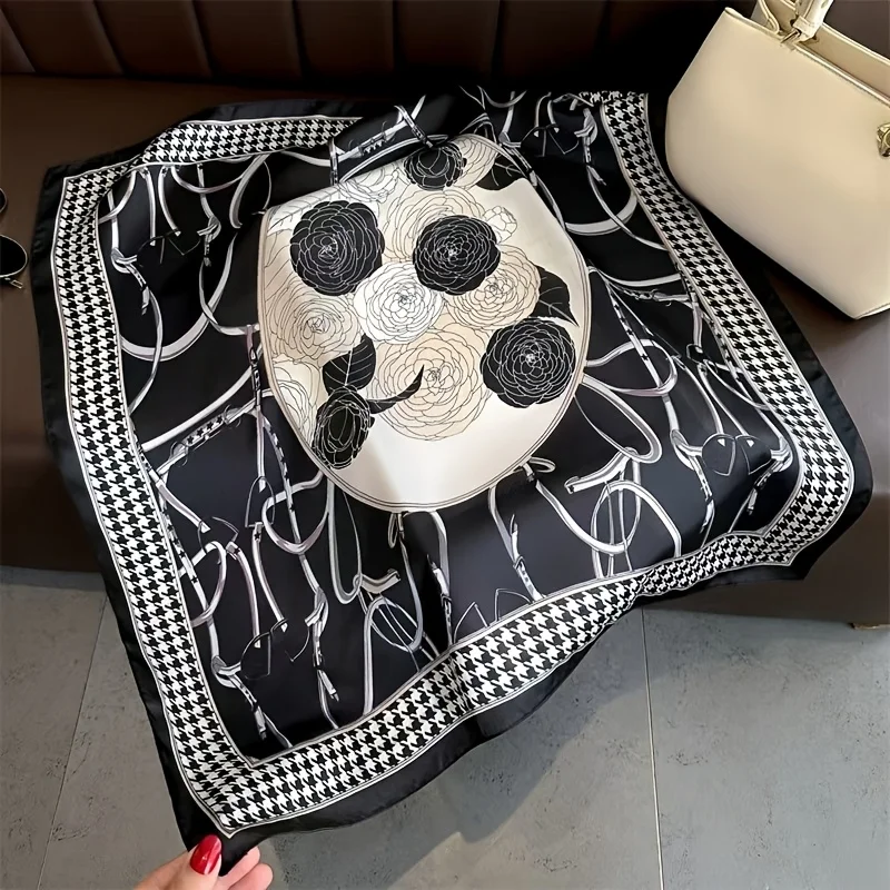 

Elegant Women's Satin Square Scarf Soft Lightweight Vintage Floral Houndstooth Print Bandana Sun-Protective Hair Accessory