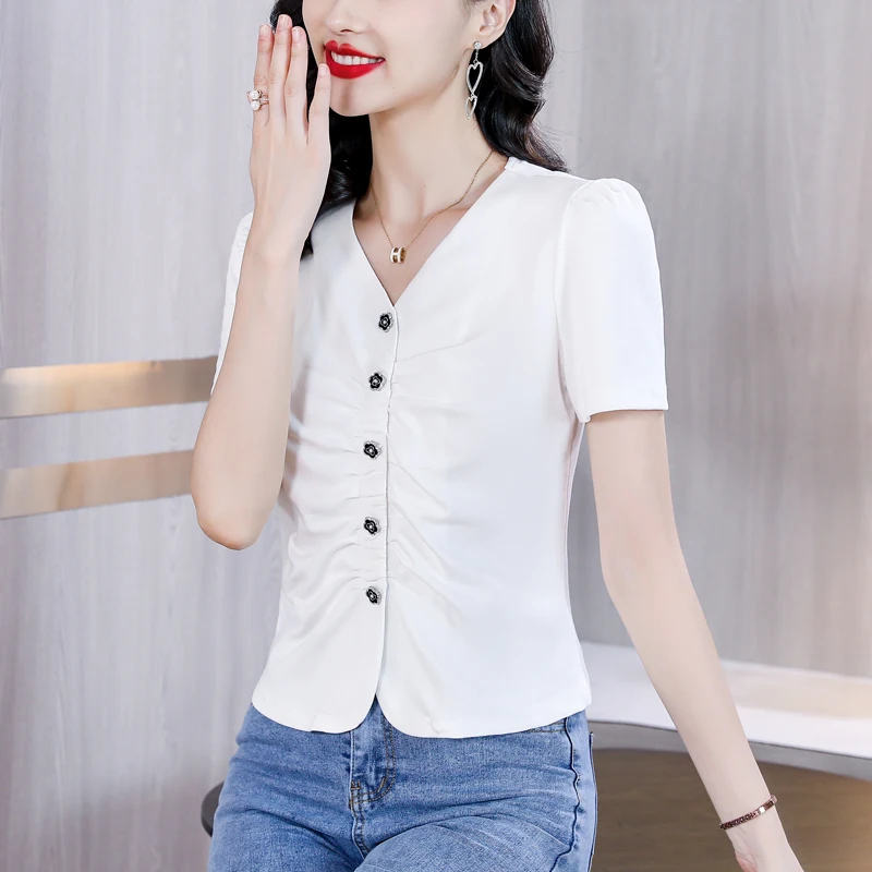 Cotton T-shirt Short Sleeved Women's Blouse2025 Summer New Item Slimming V-neck Women's Shirt OL Single Breasted Female Clothing