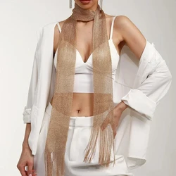 Chal de protección solar de seda brillante para mujer, collar brillante de oro y plata, borla de encaje, bufanda de vestido de noche de fiesta, club nocturno de moda