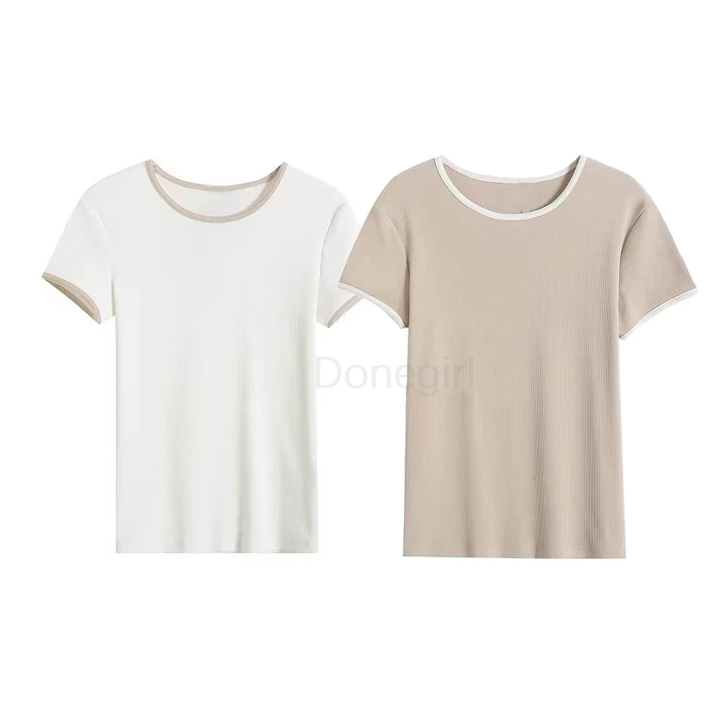 

2024 Summer Tshirt Woment Round Neck Rbbed Knit Short Sleeved Top Nordic Minimalist Color Coded Knitted T-shir