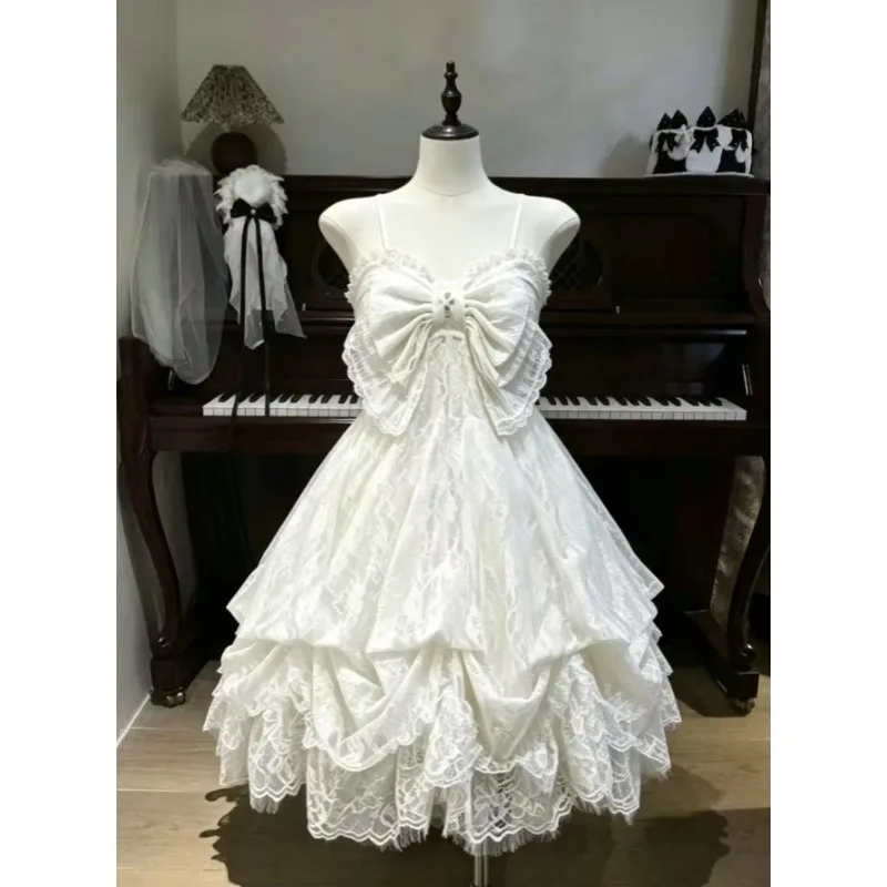 Elegantes Y2K Harajuku Gothic Lolita Kleid Damen Retro Französische Spitze Rüschen Schleife Mini 2026 Neues Sommer Strand Party Casual Outfit Chic