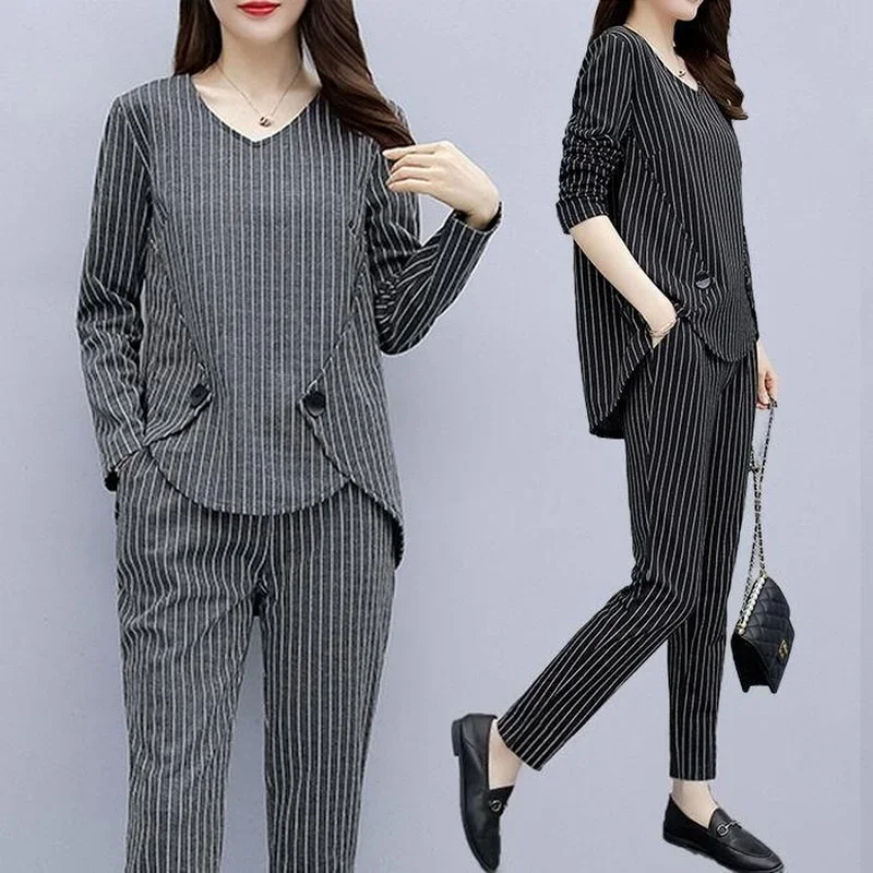 Summer Milk Silk Long Sleeved Suit Middle Aged Women Tracksuit Elegant Mother Loose Causal Two Pieces Suits W291