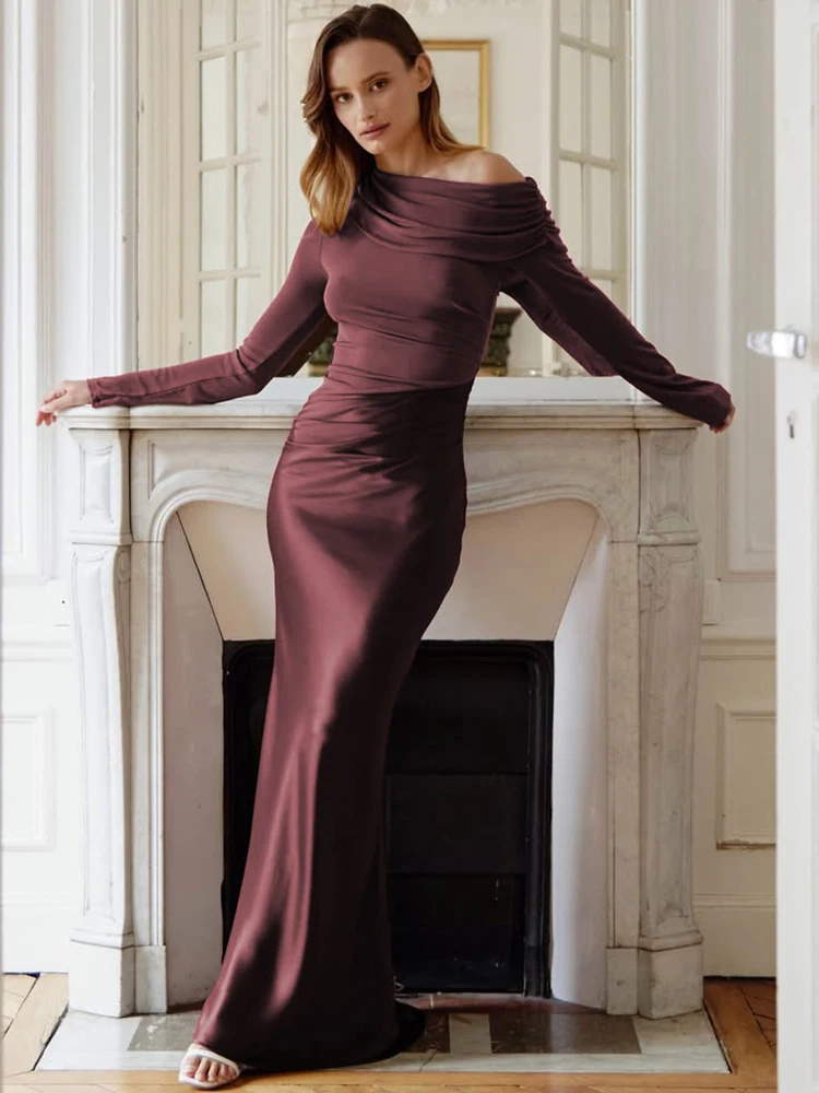 

JULISSA MO Patchwork Satin Sexy One Shoulder Mermaid Dress Women Long Sleeve Evening Dress Spring Slim Elegant Club Party Dress