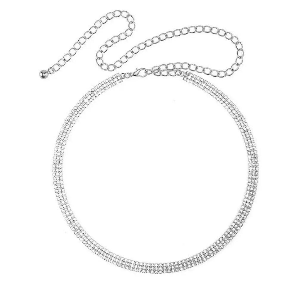 Simple Bling Zircon Inlaid Waist Belt Adjustable 3 Rows Rhinestone Waistband Long Chain Luxury Crystal Waist Chain Ladies