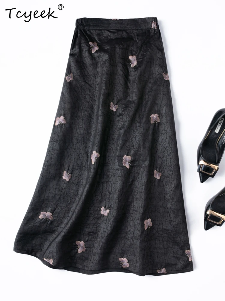 Tcyeek 100% Mulberry Silk Skirts Woman Elastic Waist Spring Summer Skirts Women Clothes 2026 Vintage Skirt Faldas Para Mujeres