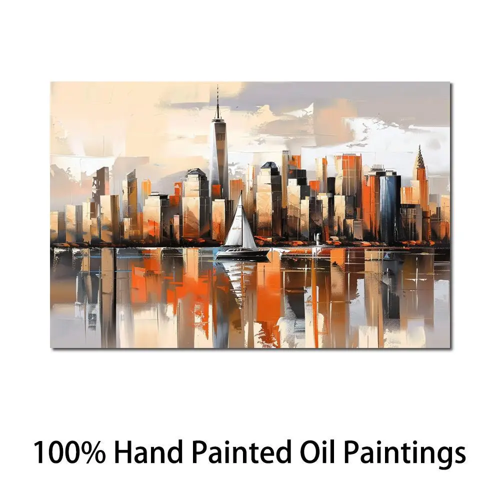 Abstract Skyline Art on Canvas Textured Hand Painted Oil Painting City Landscape Artwork Hotel Office Contemporary Home Decor