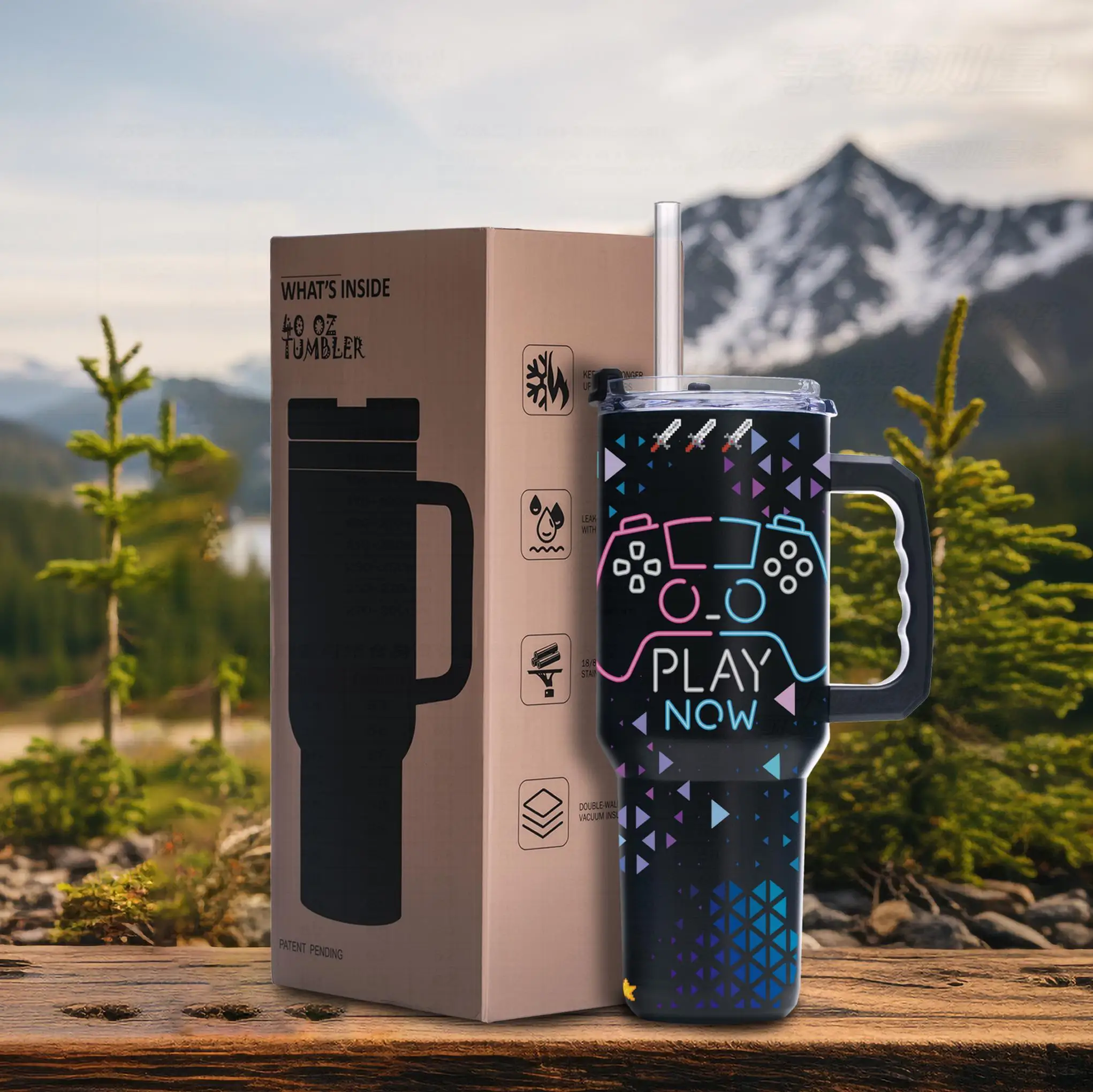

40oz Gamer Tumbler with Handle, Stainless Steel Vacuum Insulated, No-Sweat, Anti-Slip, Gift for Boyfriend or Husband