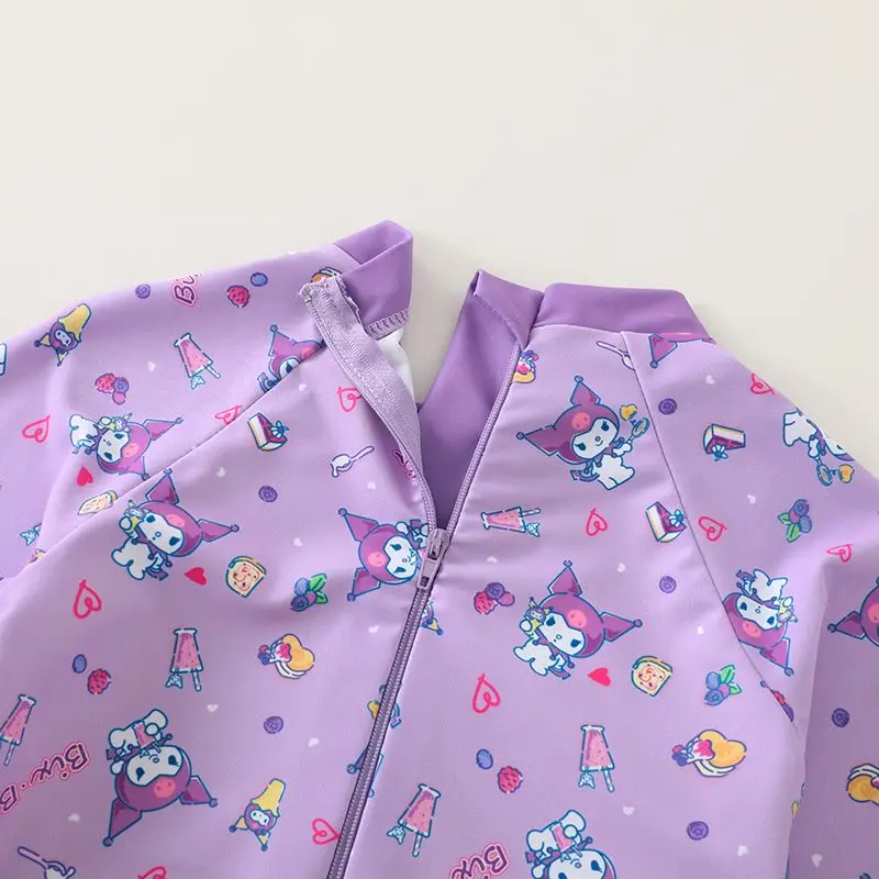 Kuromi-traje de baño Kawaii para niña, ropa de playa con falda de ángulo plano, traje de baño de manga larga, regalo de protección solar