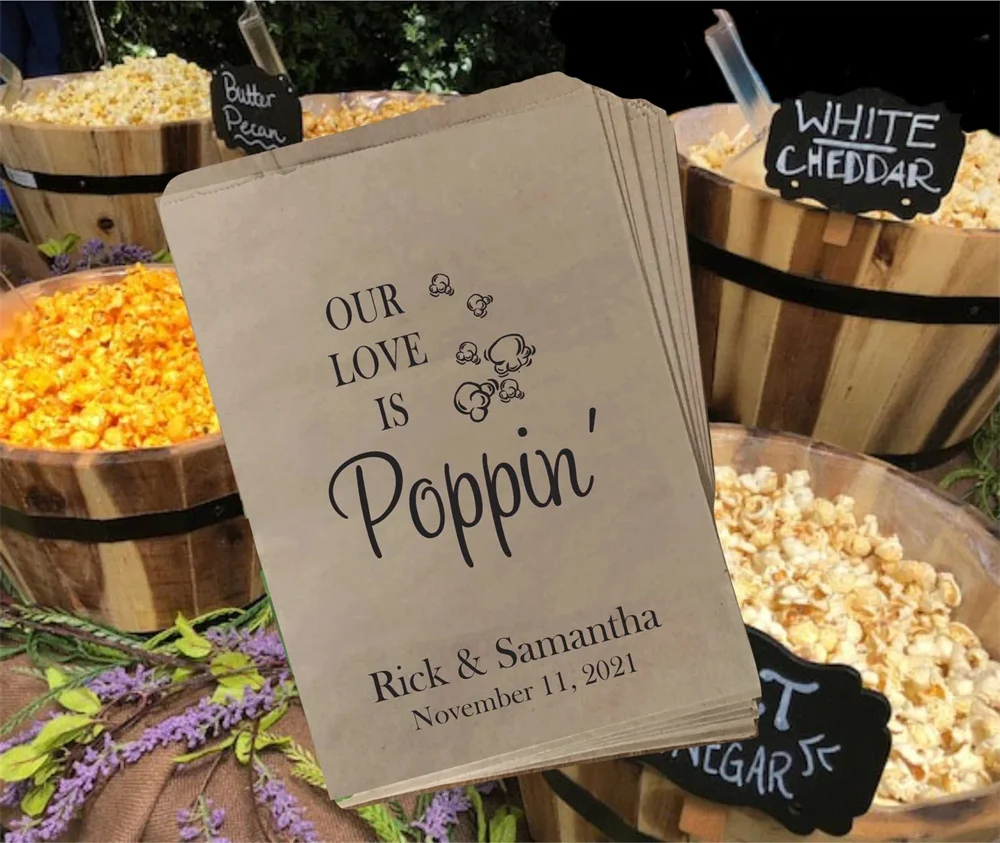 

50 Wedding Popcorn Bags, Popcorn favor bags, Treat Bags for Popcorn Bar, Custom Popcorn Bags, Our Love is Popping Favor Bags