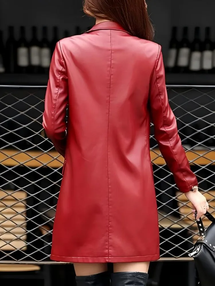 الربيع والخريف المرأة الجديدة البدلة الجلدية طوق معطف سترة بو منتصف طول سترة واقية من الجلد سليم عادية