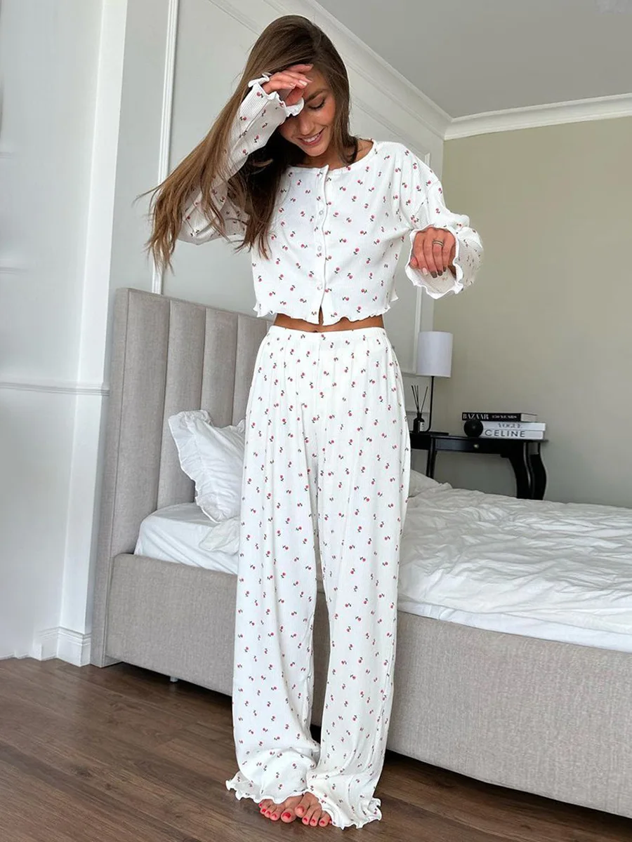 

Blubelle Women's long Sleeved Pants Pajamas 2-piece Set Spring Knitted Cardigan Pajamas Comfortable Women's Home Clothes Set