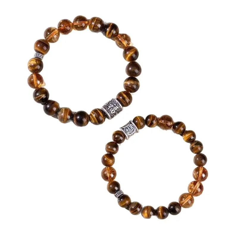 Chinese Style Lucky Feng Shui Natural Tiger Eye Stone S925 Silver Yellow Rutilated Quartz Couple Beaded Bracelet Wealth Blessing