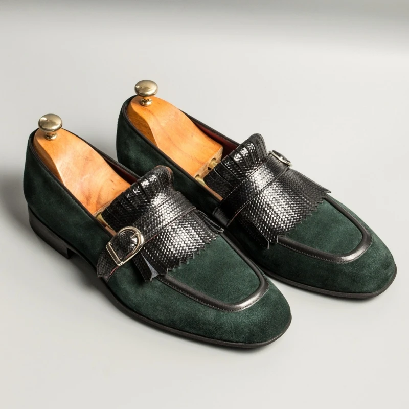 Green Loafers for Men Tassels Slip-On Round Toe Black Handmade Mens Dress Shoes  Size 38-46