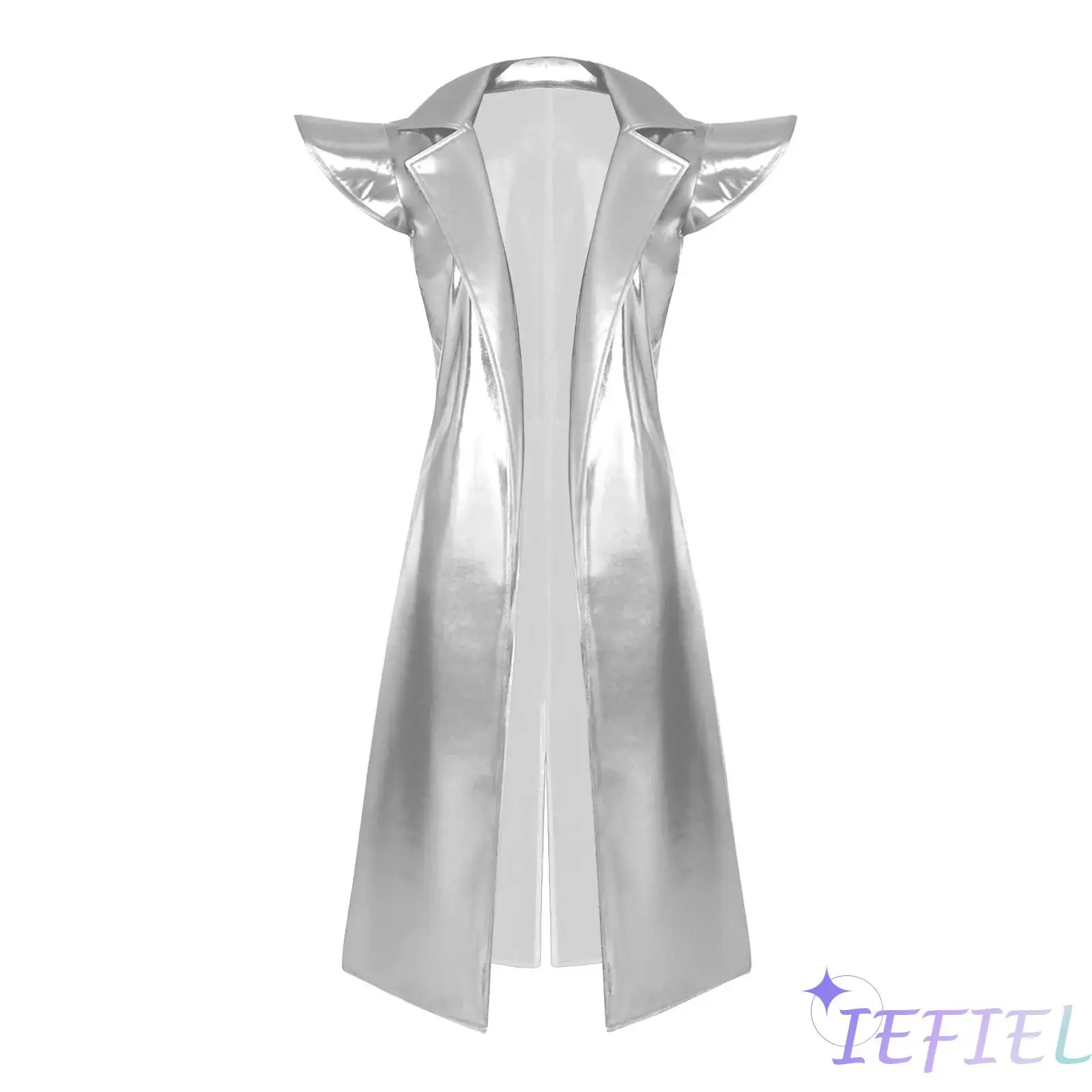 

Sleeveless Metallic Trench Jazz Dance Outfit Coat for Women Notch Lapel Open Front Belted Long Shiny Jacket Rock Disco Gown