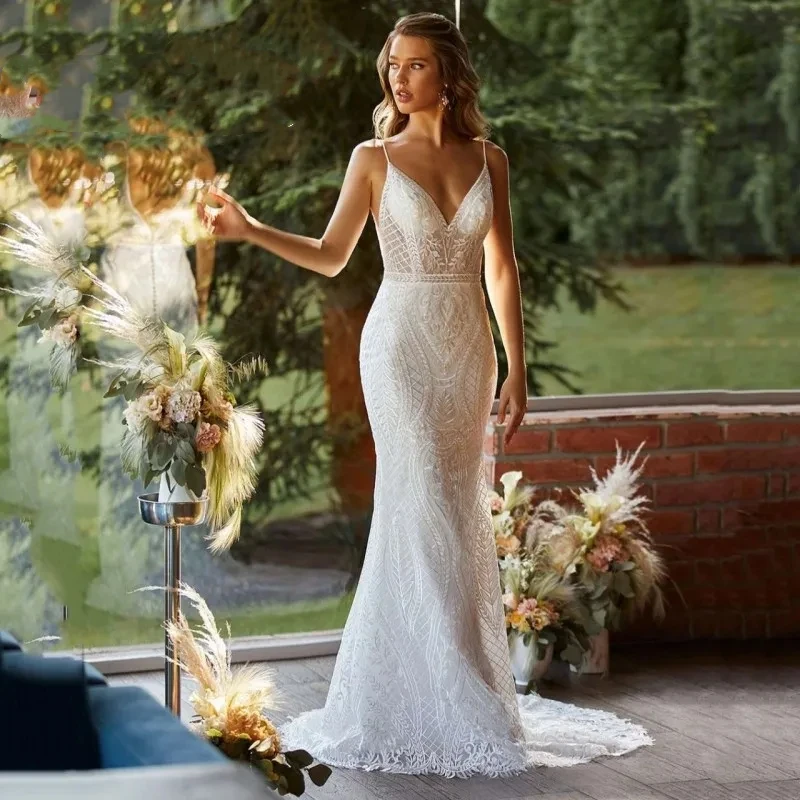 Einfache Brautkleider für Frauen 2024, V-Ausschnitt, Brautkleider, Spitze, Applikationen, Mantel, Meerjungfrau, sexy Roben, Vestidos de Novia, individuell