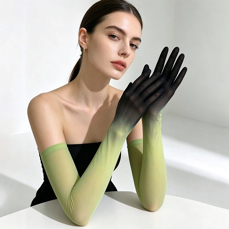 Women Sexy Tight Gradient Color Long Stockings Gloves Thin Soft Nylon Breathable High Elasticity Five-Finger Long Gloves Cosplay