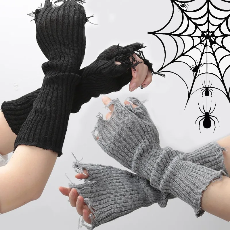 

Women Winter Warmer Knitted Arm Sleeve Mittens New Hollowed Out Long Fingerless Gloves Fine Soft Girl Clothes Punk Gothic Gloves