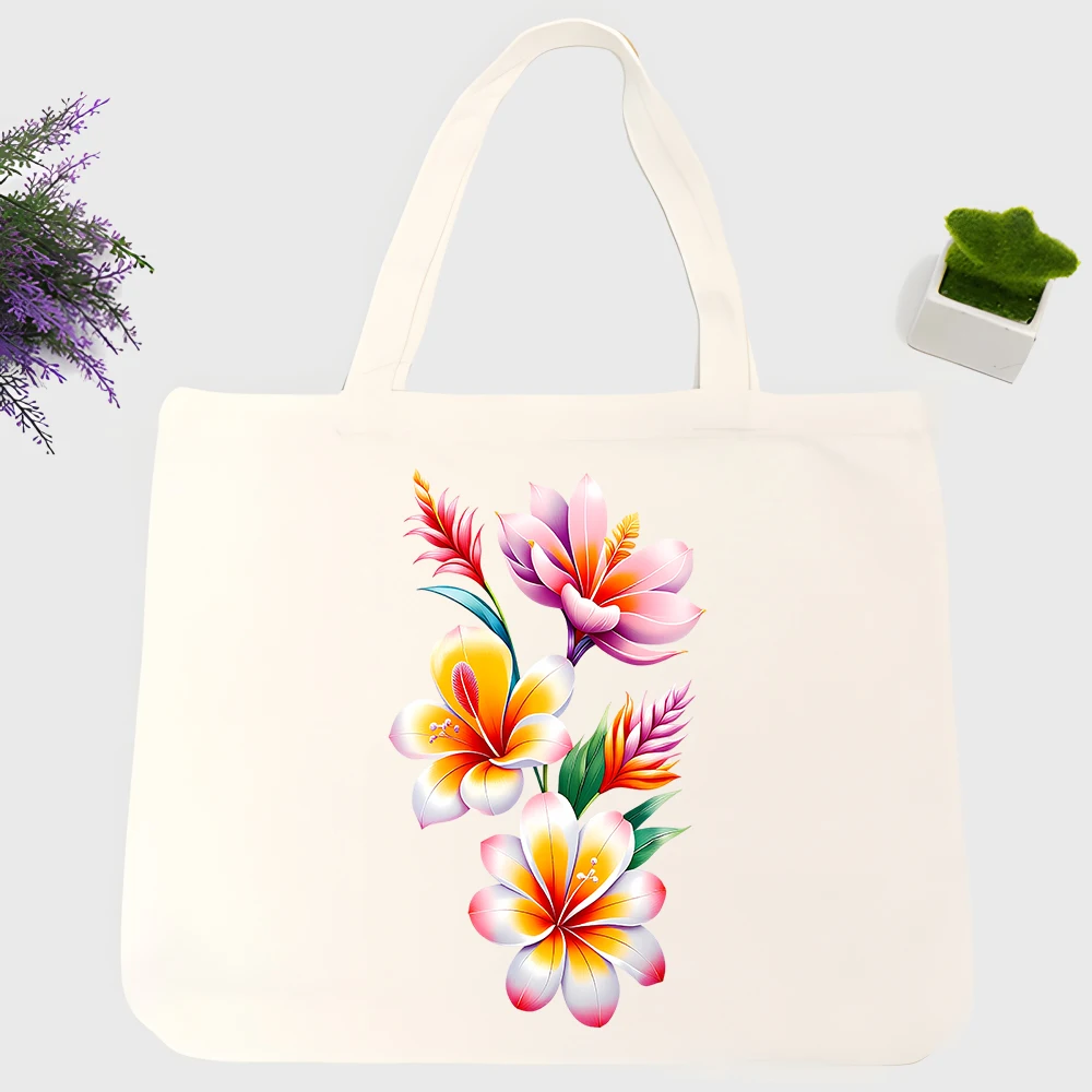 Women's tropical flower print canvas tote bag, casual style for summer shopping and daily outings