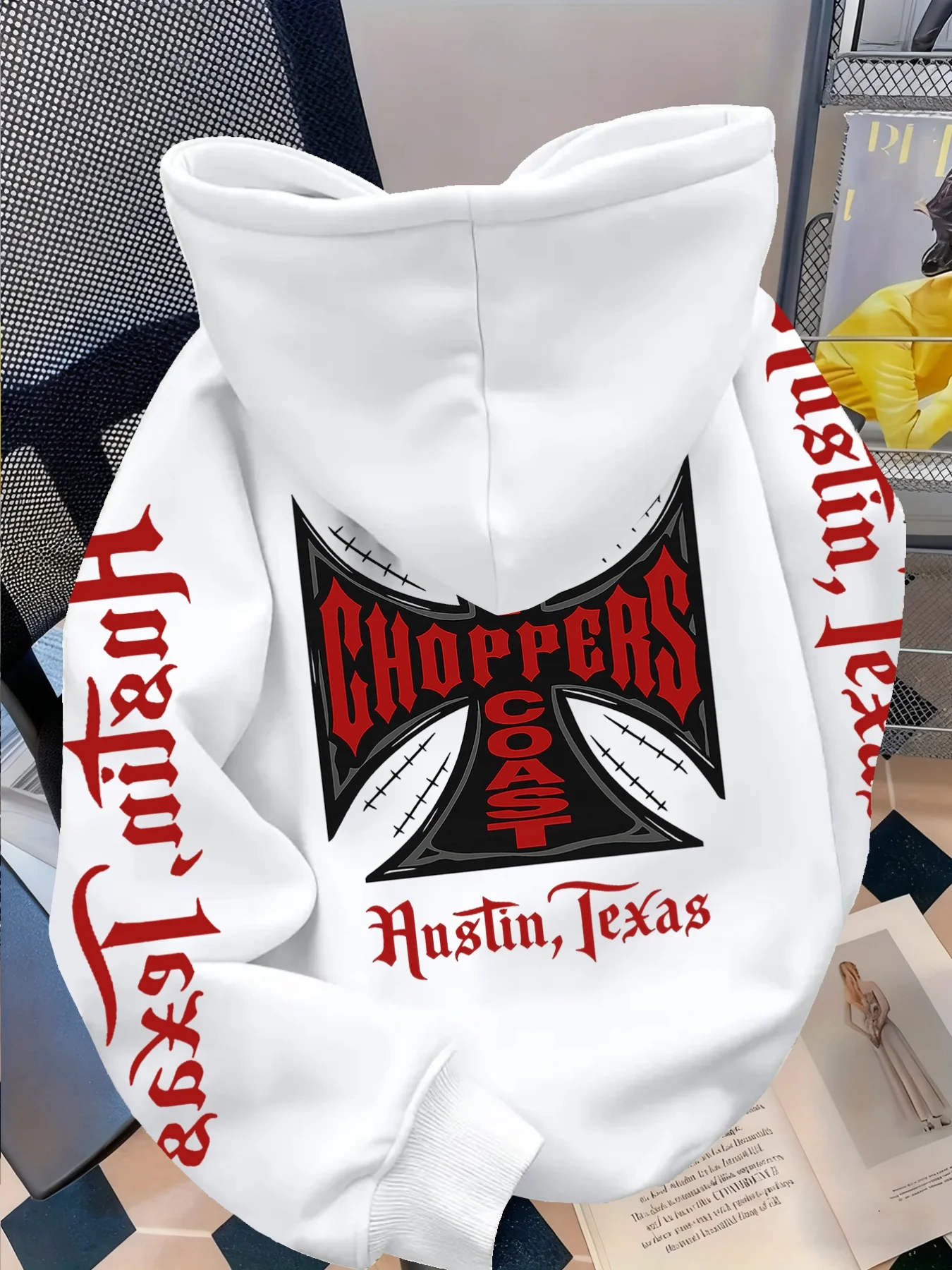 Unisex Men's Women's Choppers Coast Austin Texas Biker Gothic Graphic Print Oversized Hoodie White Streetwear Long Sleeve Top