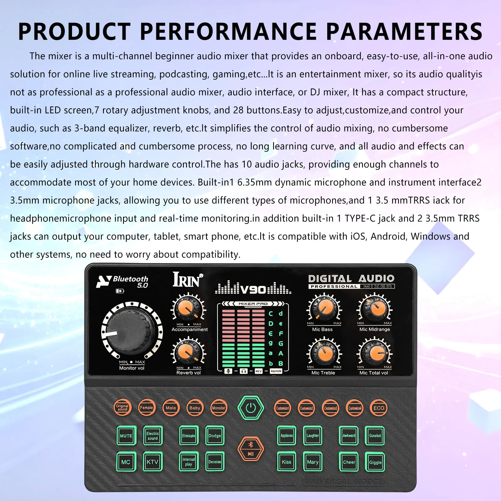V90 Gaming Audio Mixer Streaming Mixer with Audio Interface BT Sound Board Voice Changer Sound Card for PC Phone Live