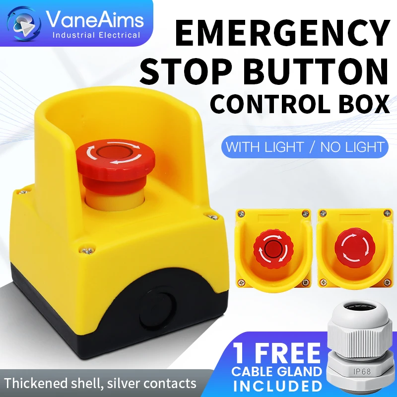 

Emergency Stop Button Switch E-Stop Power Shut Off Red Mushroom Head Push Button Switches 2NC 12V 24v 220v 110v 10A with Box