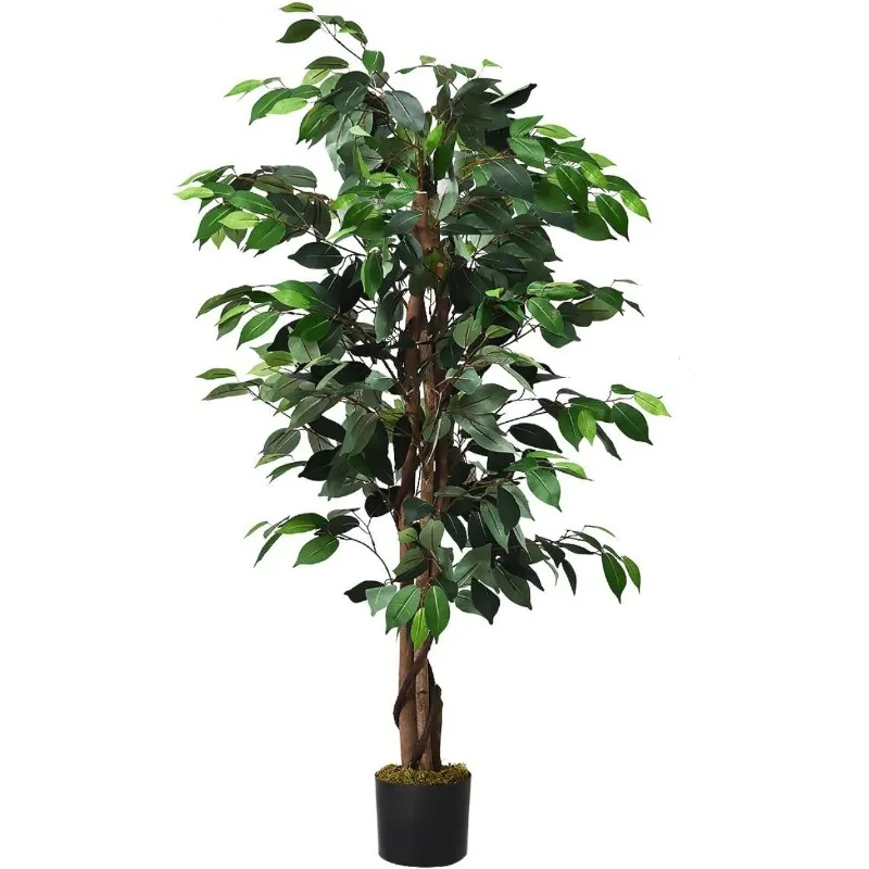 

Artificial Ficus Silk Tree, Potted Fake Tree w/Green Leaves and Natural Trunk, Maintenance Free, Tall Faux Plant