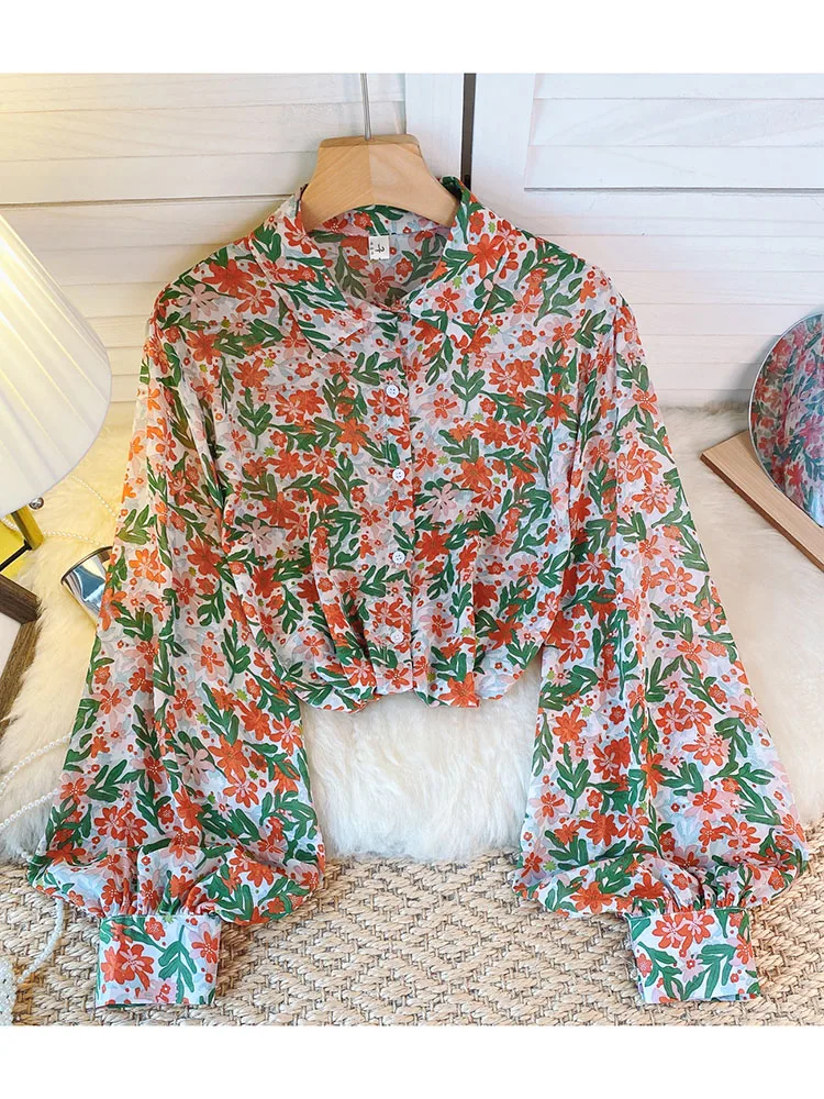 Women Sprin Autumn Shirt Polo Neck Long Sleeve Single Breasted Printed Chiffon Shirt Thin Western Versatile Slim Top D5499