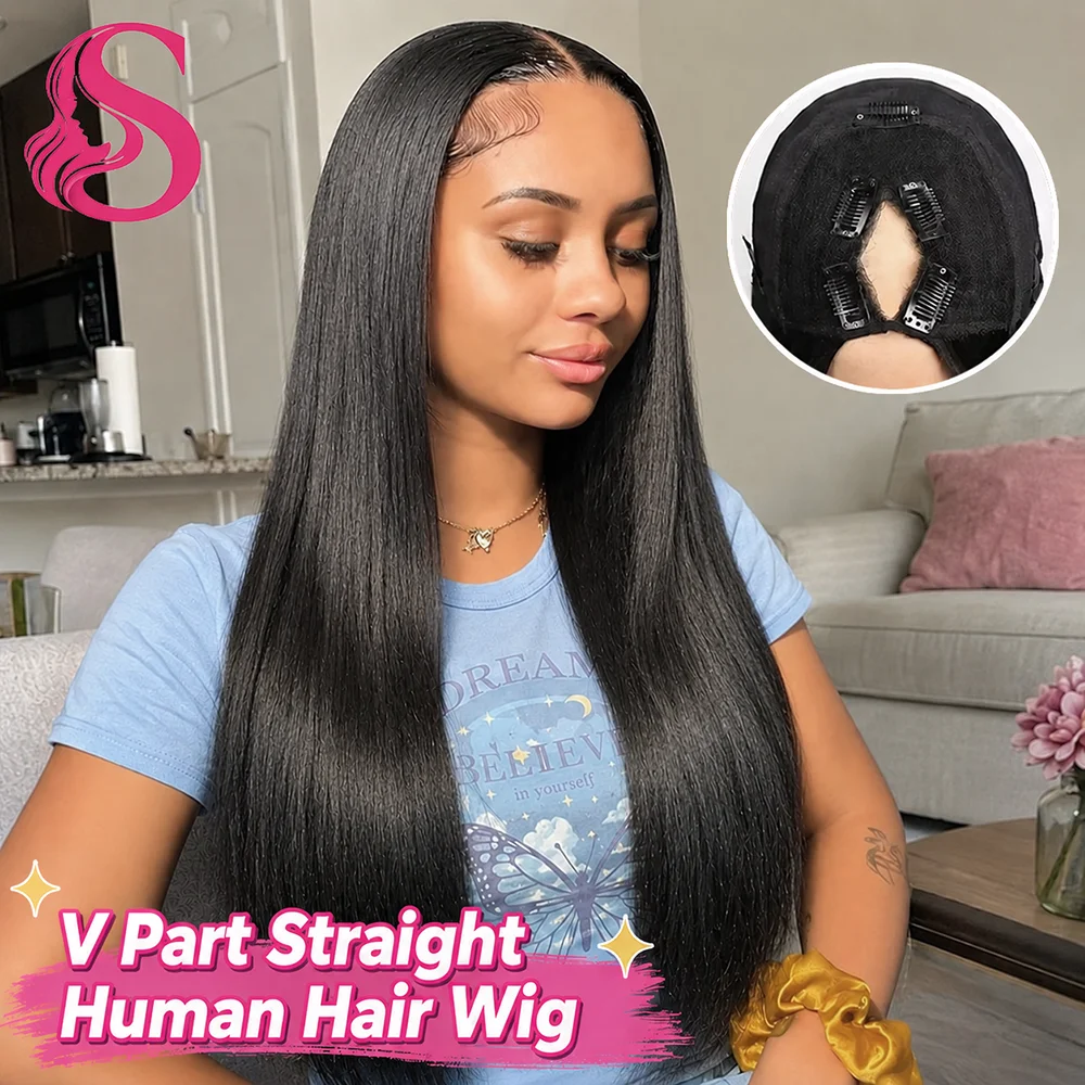 

Smilegirl 250% Density Straight V part wig Human Hair Beginnger Friendly 30 36 Inch Glueless Human Hair Wigs Wear & Go No Leave Out Easy Install