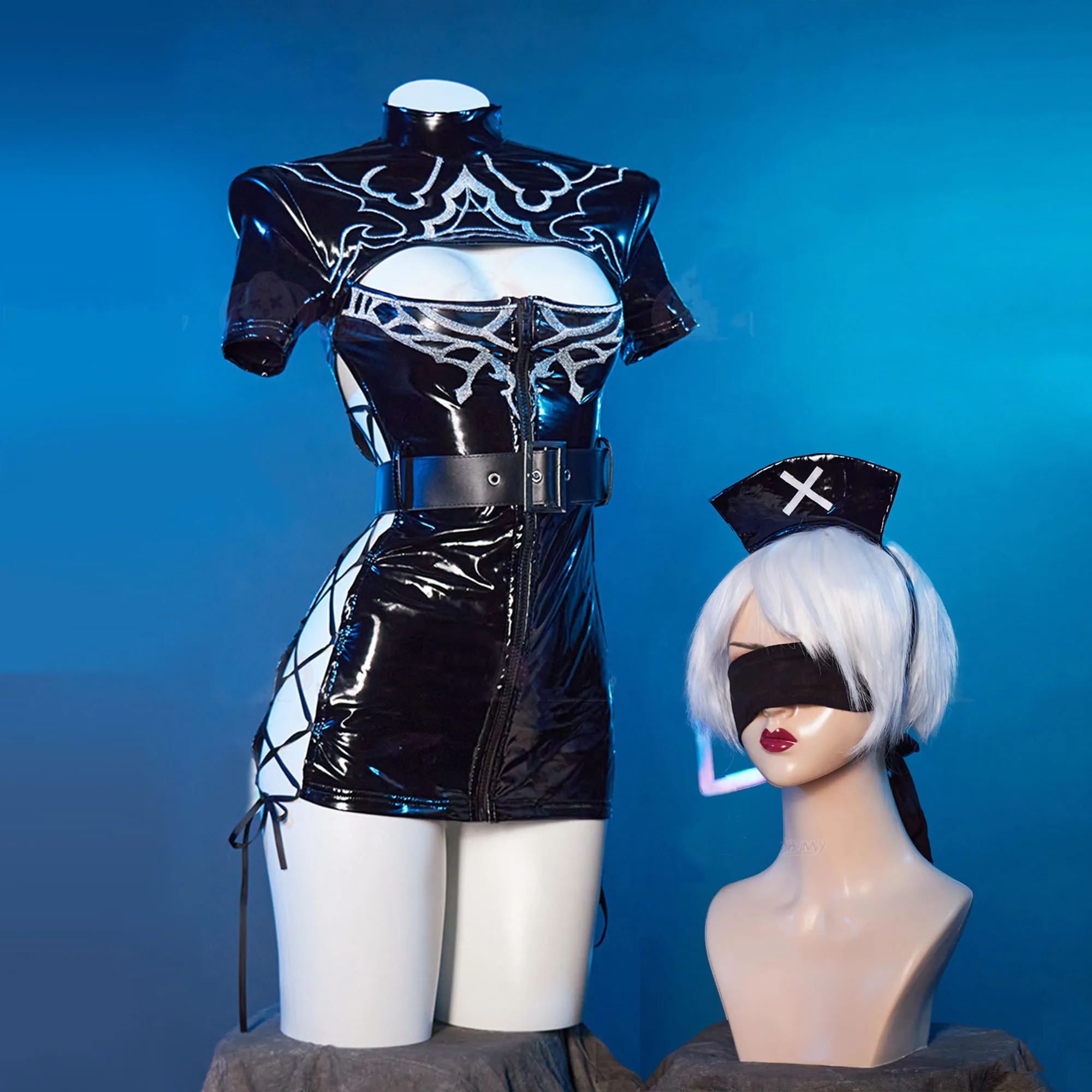 

2026 Automata 2B Cosplay Costume Women Sexy Leather Black Nurse Dress Gothic Nurse Uniform Suit Halloween Carnival Party Clothes