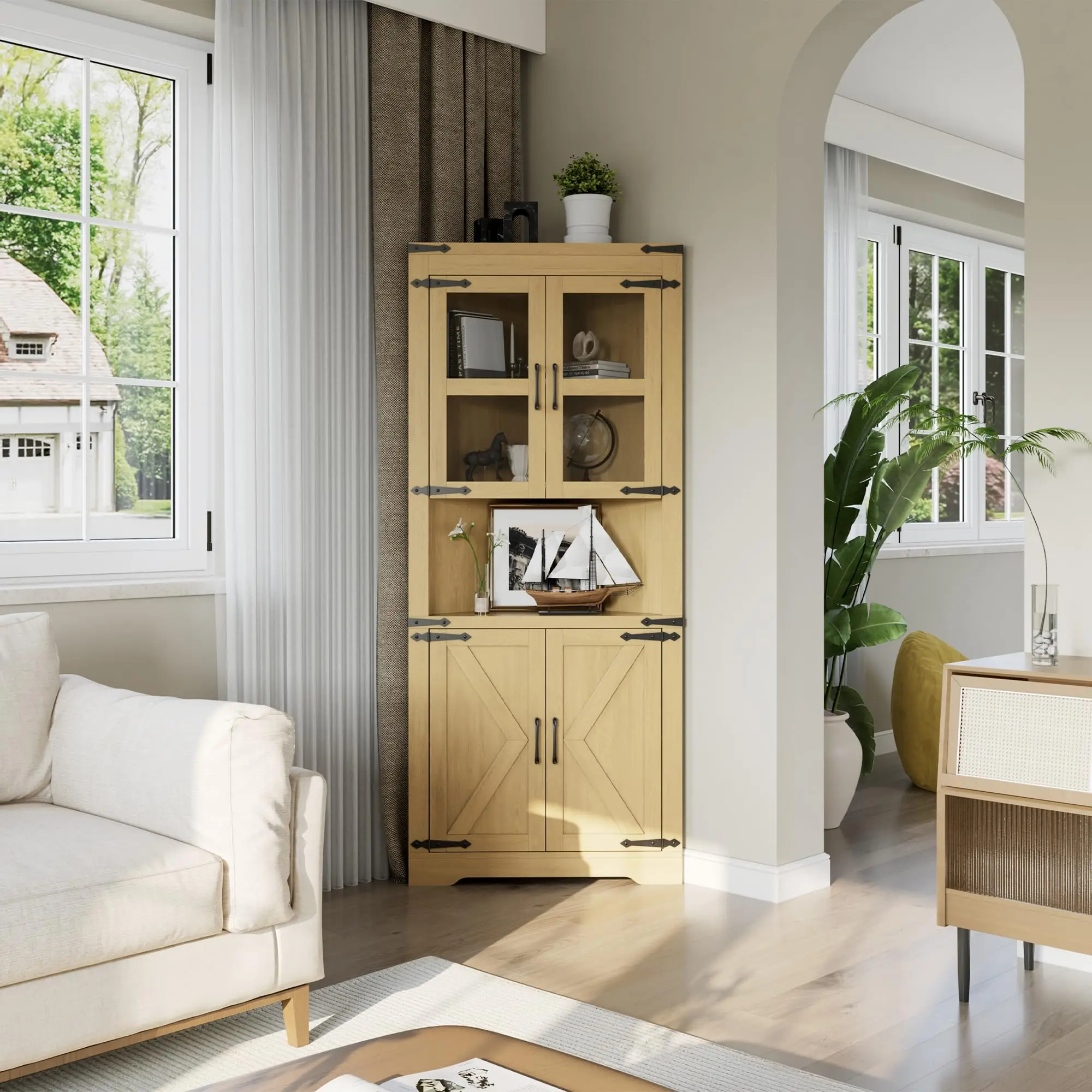 Garvee Tall Farmhouse Corner Cabinet with Glass Door – Adjustable Shelves & Ample Storage – Kitchen, Living Room, Bathroom – White Floral Design image 6