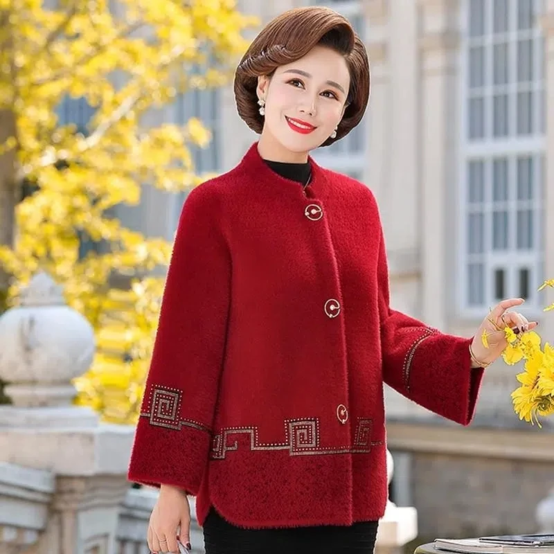 New Middle-aged Elderly Women Imitation Mink Velvet Sweater Jacket Spring Fall Women Knitted Cardigan Large Size Mother Clothes