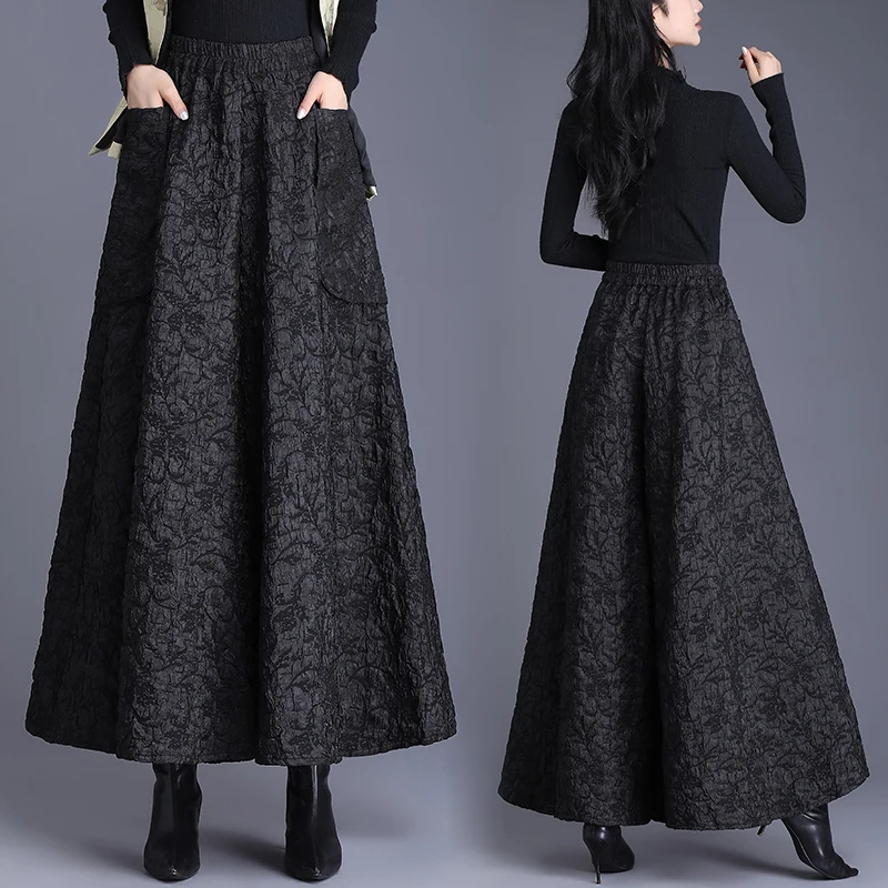 Elegant Embossed Floral Wide Leg Pants Women's Autumn Winter plus Size Slimming Maxi Skirt Pants Casual Boot Pants