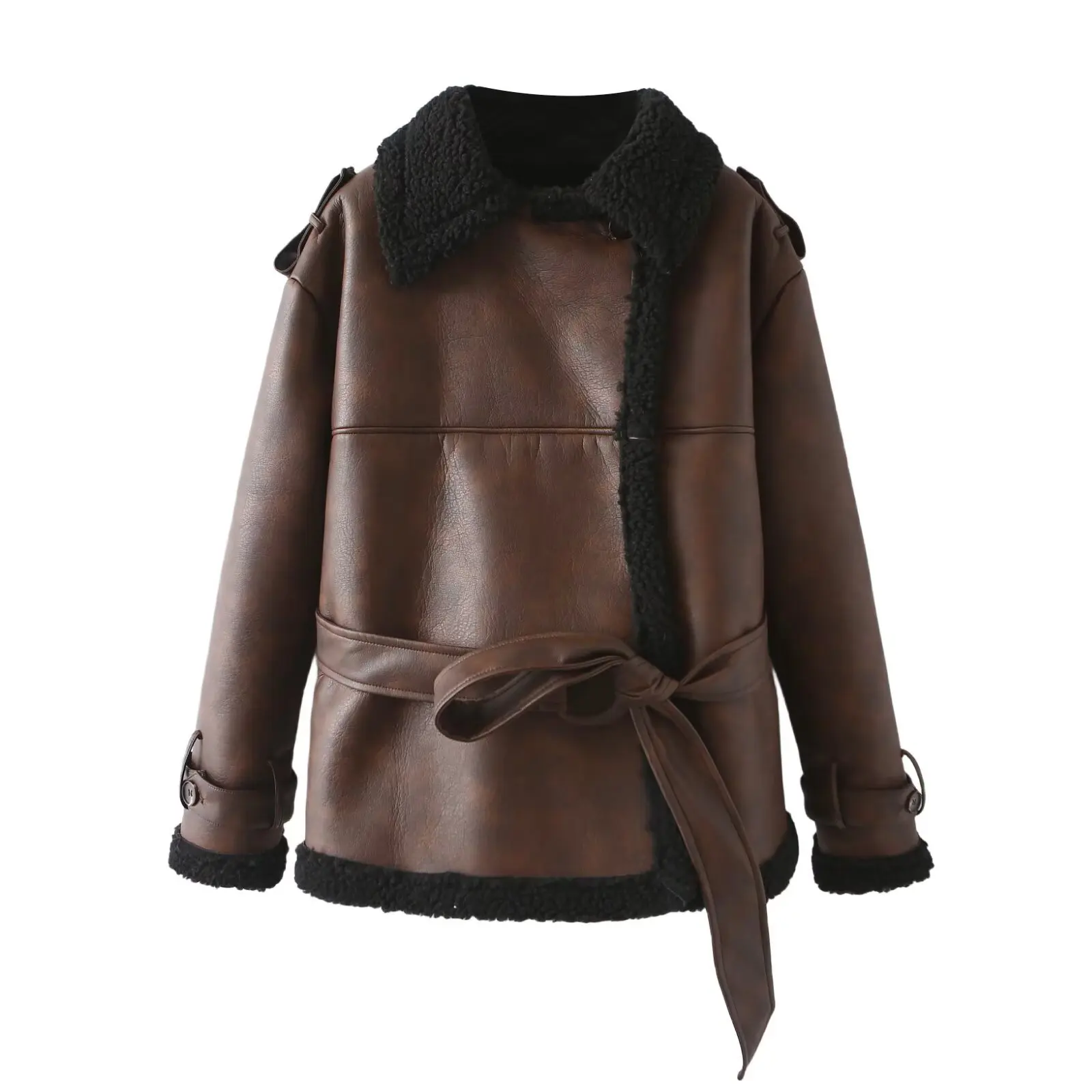 

Streetwear Inszart Casual Loose Faux Leather Jackets Leather Jackets Winter Women With Belt Coat Thick Warm Black Outwear