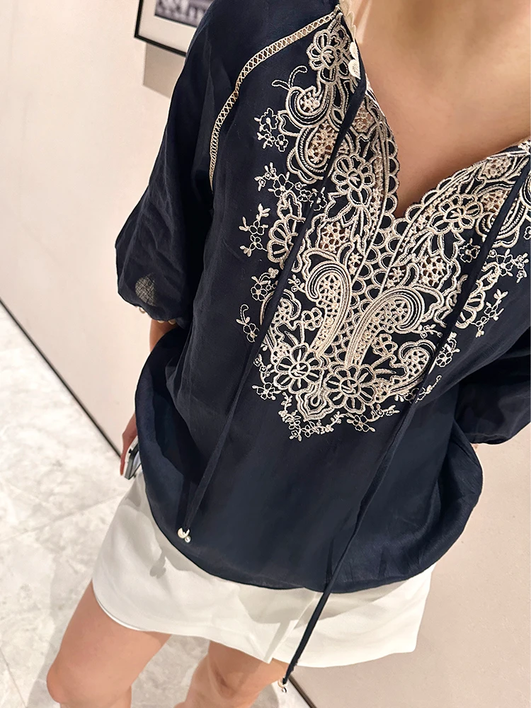 

Женский топ свободного покроя Ele Pure Linen irt с вышивкой и цветочным воротником Agel Seven Sve irt, летняя одежда