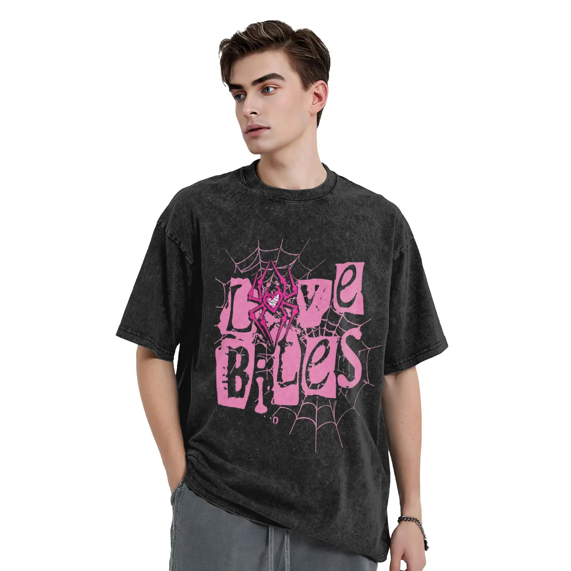 

Love Bites AJ Lee Spider Logo Washed Футболка Уличная винтажная футболка Футболка для мужчин и женщин с коротким рукавом с уличным принтом