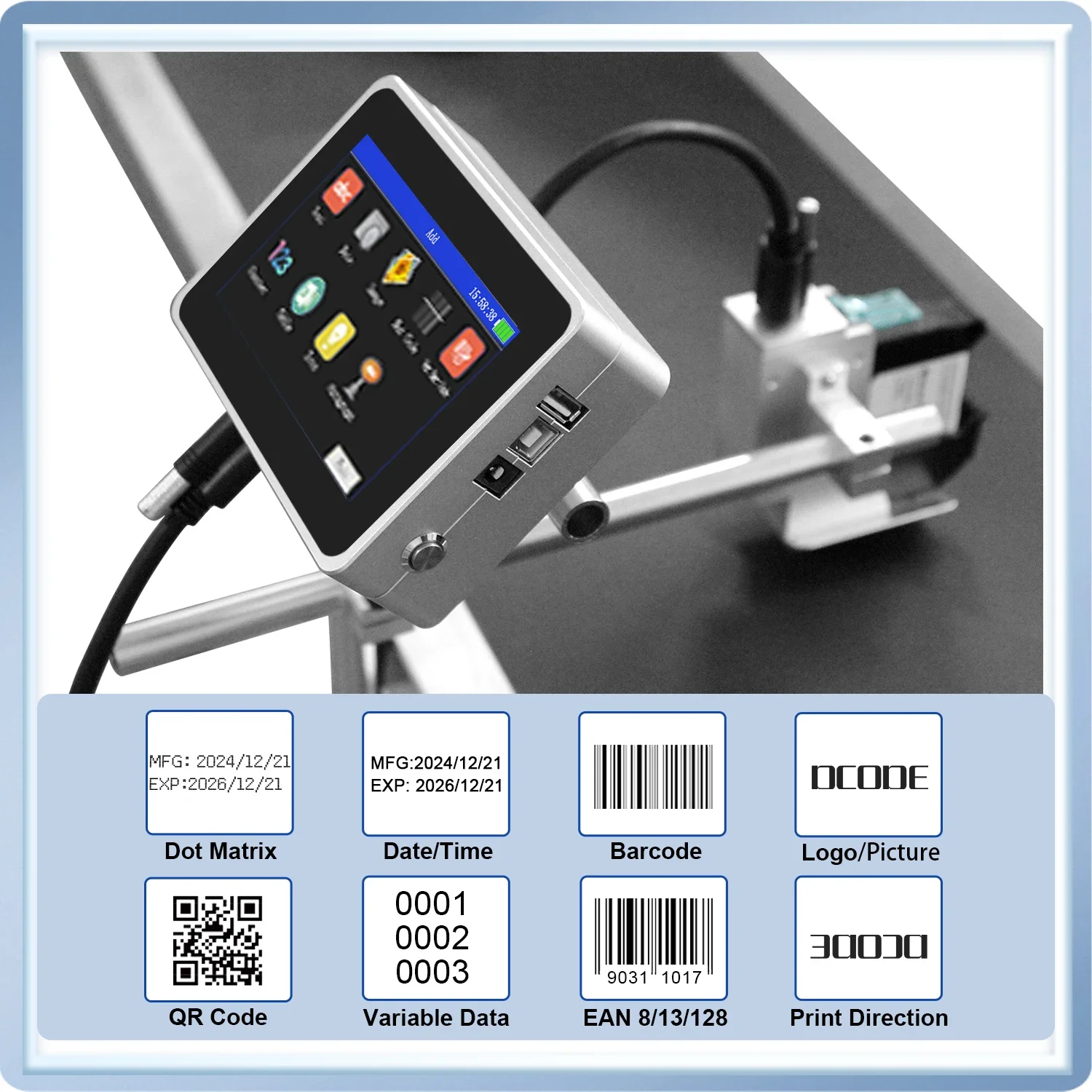 DCODE 150PLUS 12.7/25.4mm Online Printer Thermal Inkjet Printer QR Barcode Batch Number Image Logo Expiry Date TIJ Printer