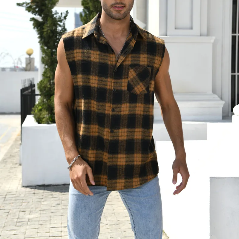 Men\'s Summer Fashion Casual Plaid Print Sleeveless T Shirt Vest Buckle Sanding 2023 Korean Style Mens Tank Tops Beach Vest