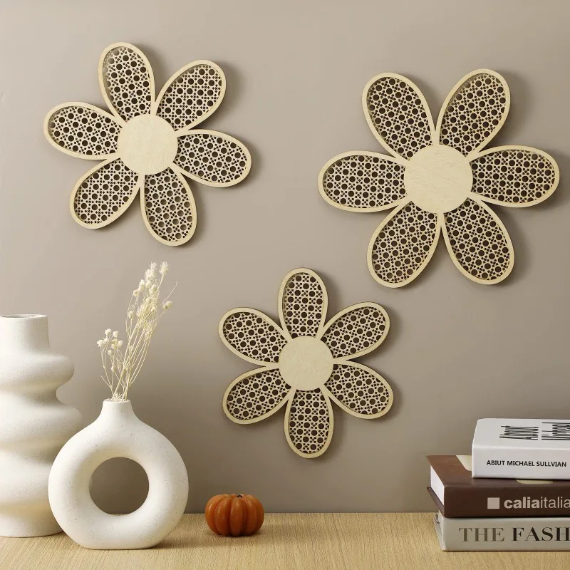 1 set of 3 pieces Bohemian daisy wall decoration wooden imitation rattan pattern wall art pendant home living room wall hanging