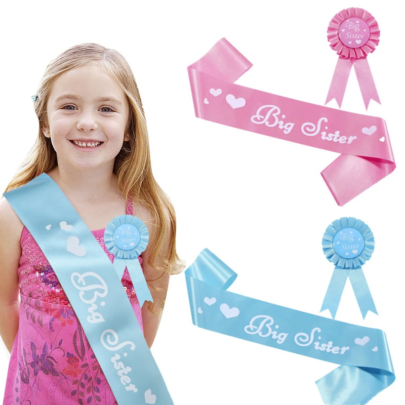 

Baby Shower Decoration Big Sister Sash Badges Girls Pink Blue Birthday Satin Sashes Crystal Crown Gender Revel Party Supplies